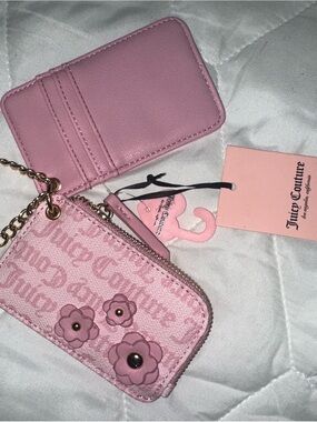 Juicy Couture Pink Floral Logo Keychain Card Pouch with Gold Chain